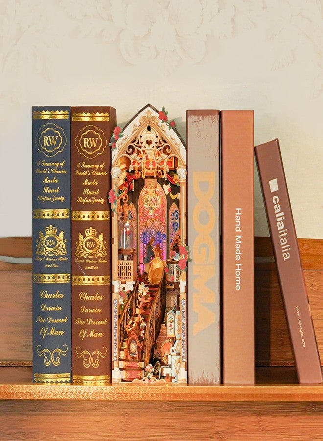 Tonecheer DIY Book Nook Kit for Adults, 3D Wooden Puzzle Music Booknook Miniature Dollhouse, Fairy Tale Bookend Bookshelf Decor with Dust Cover and LED Lights Gifts (Beast and Beauty) - Image 2